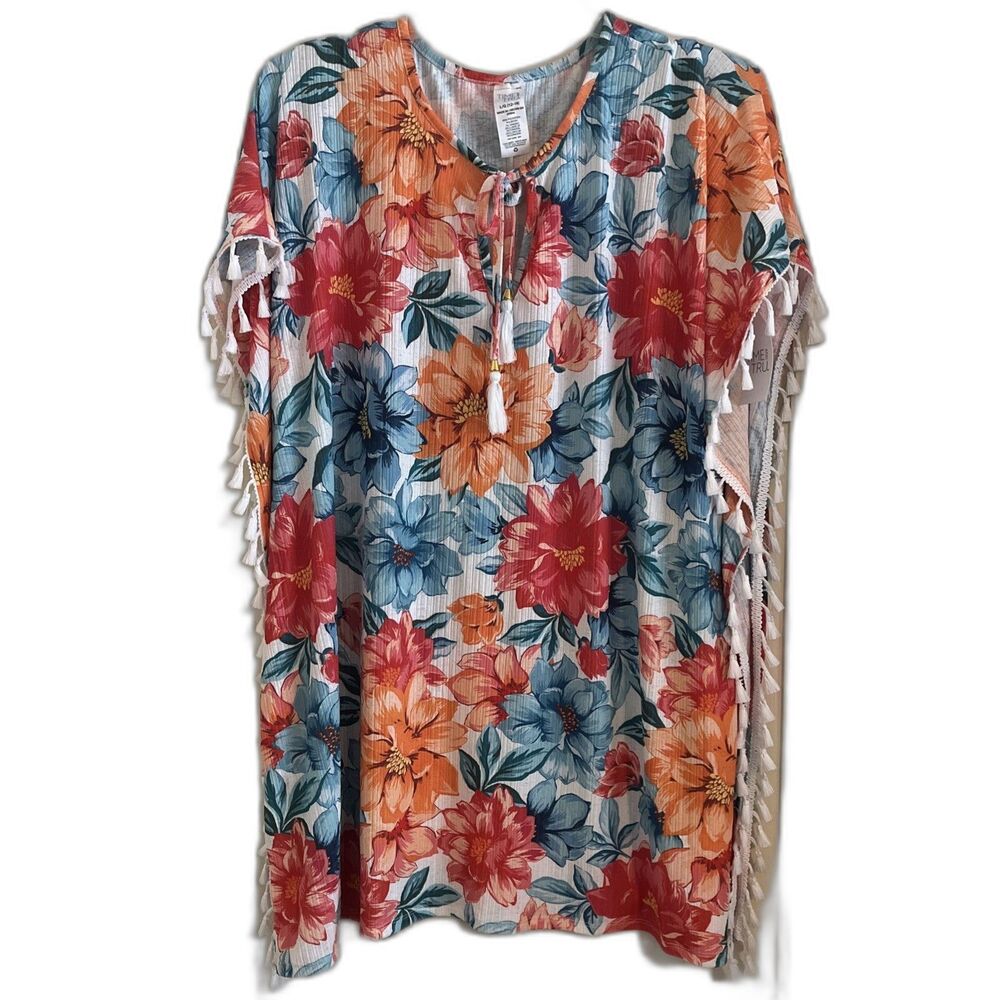 Time & Tru Missy Coverup Women’s L Blue Orange Tropical Floral Fringed Tunic NWT